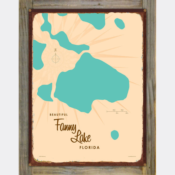 Lake Fanny Florida, Wood-Mounted Rustic Metal Sign Map Art
