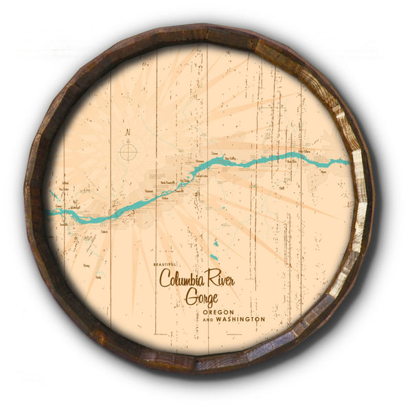 Columbia River Gorge OR Washington, Rustic Barrel End Map Art