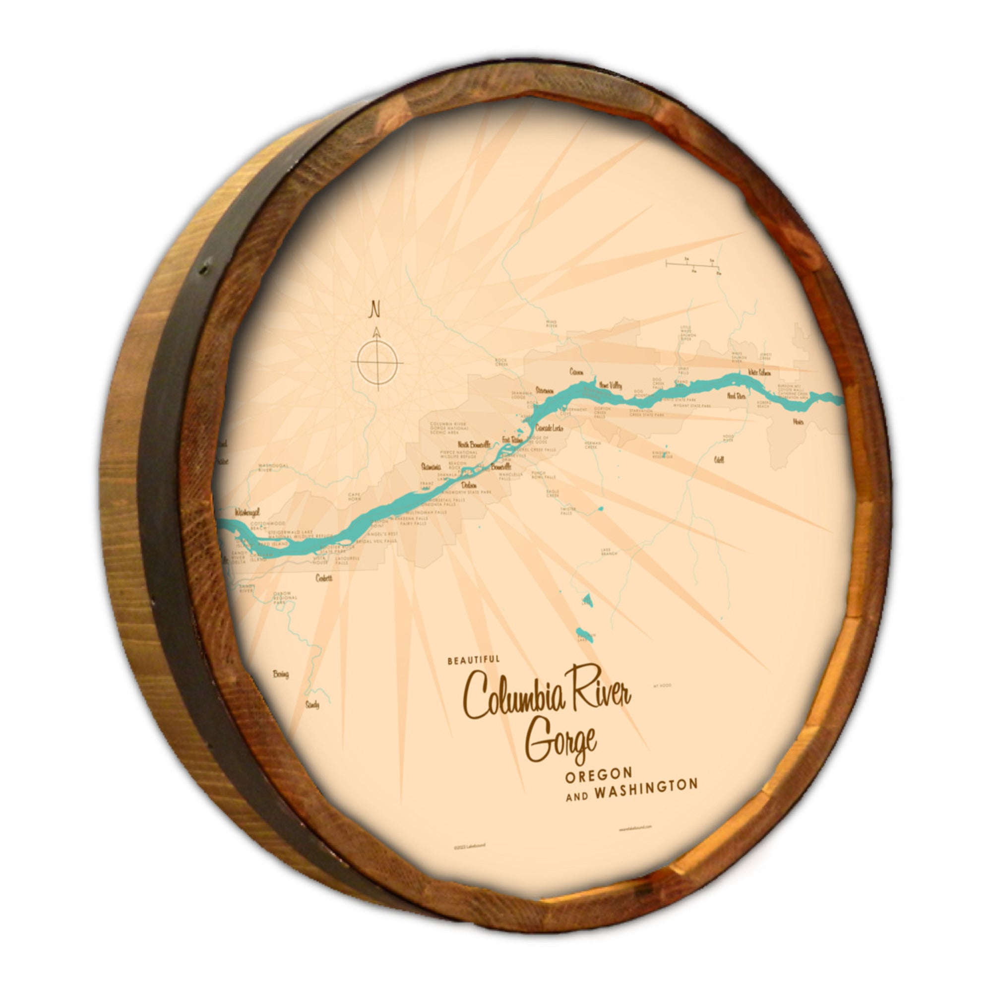 Columbia River Gorge OR Washington, Barrel End Map Art
