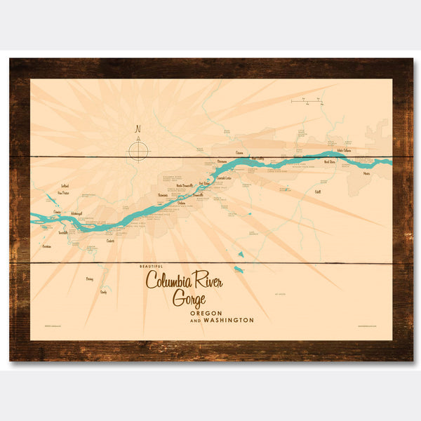 Columbia River Gorge OR Washington, Rustic Wood Sign Map Art