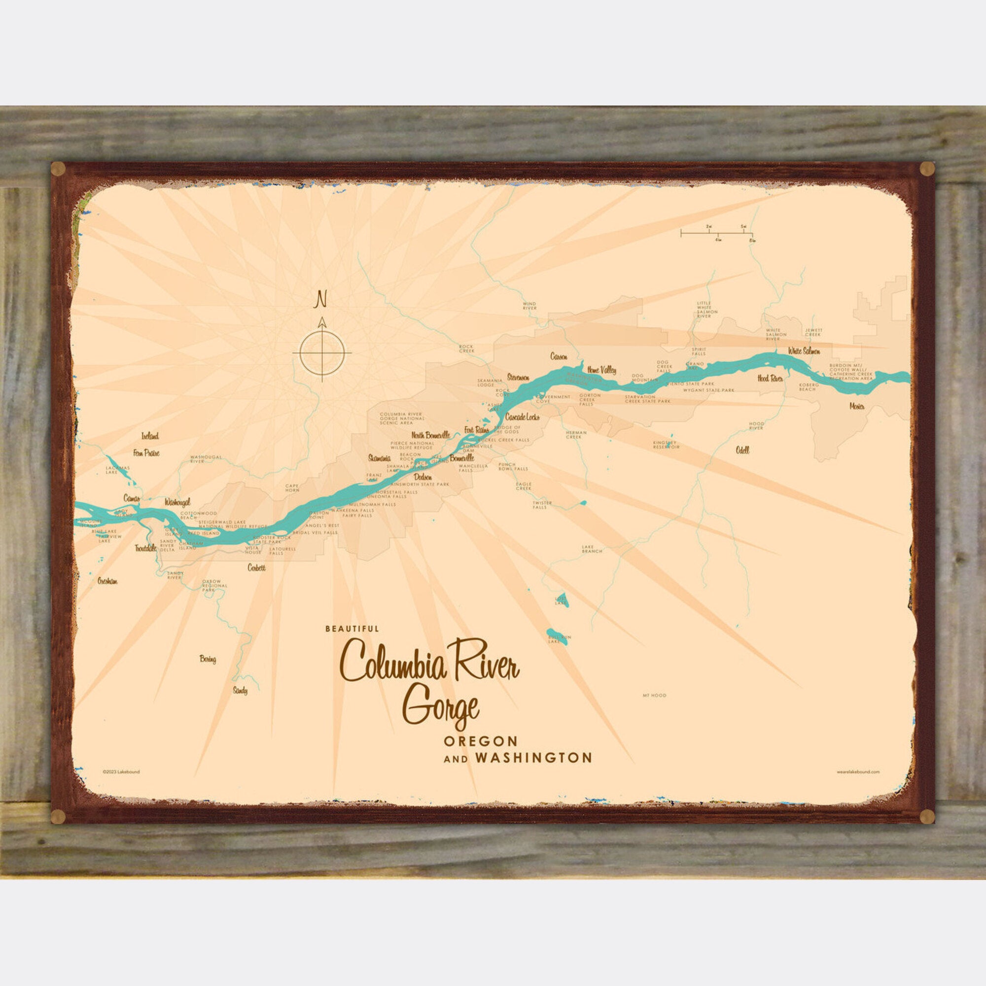 Columbia River Gorge OR Washington, Wood-Mounted Rustic Metal Sign Map Art