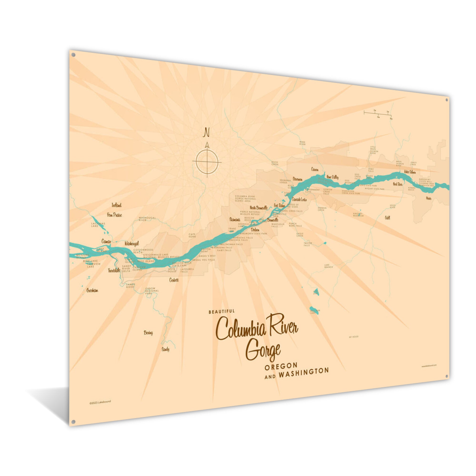 Columbia River Gorge OR Washington, Metal Sign Map Art