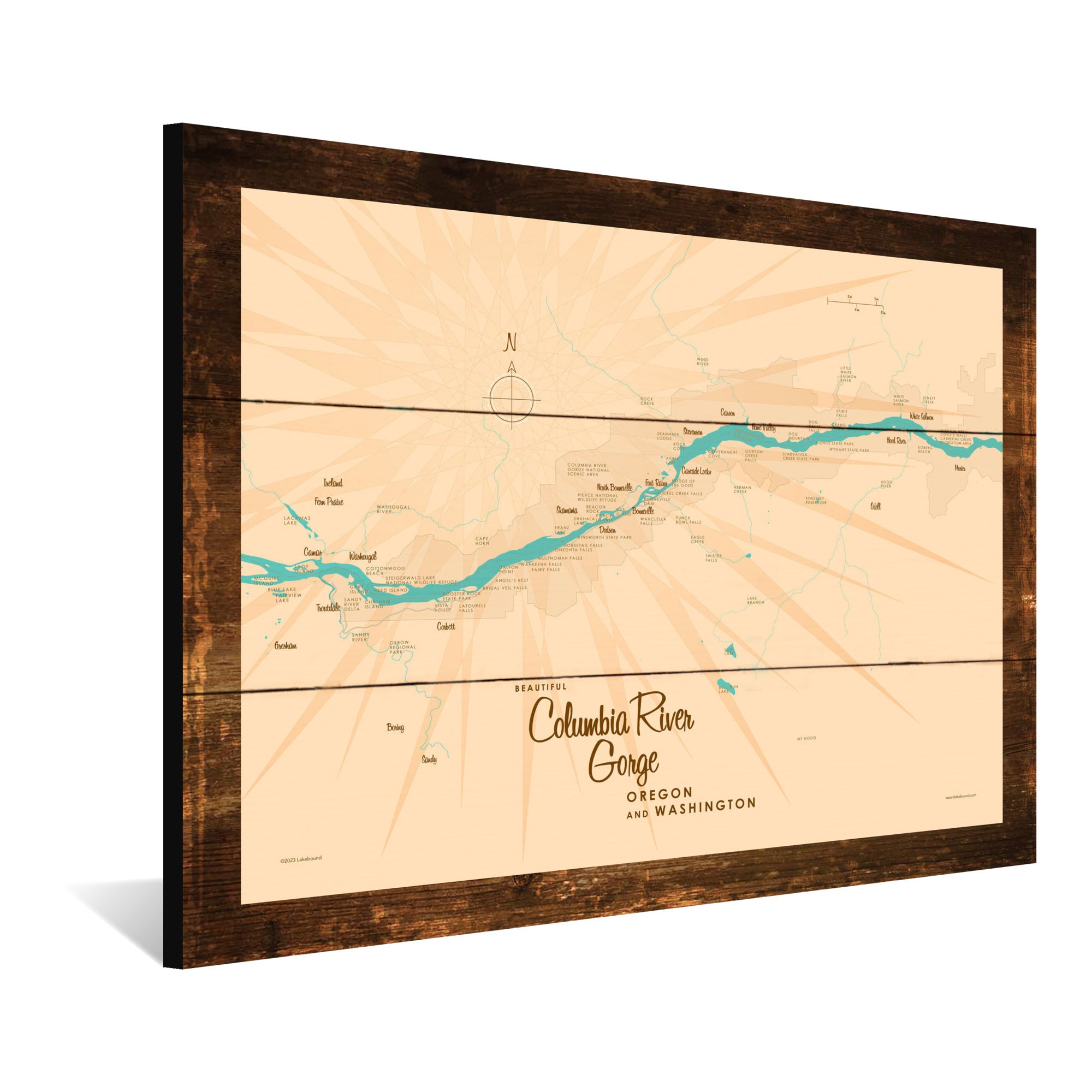 Columbia River Gorge OR Washington, Rustic Wood Sign Map Art