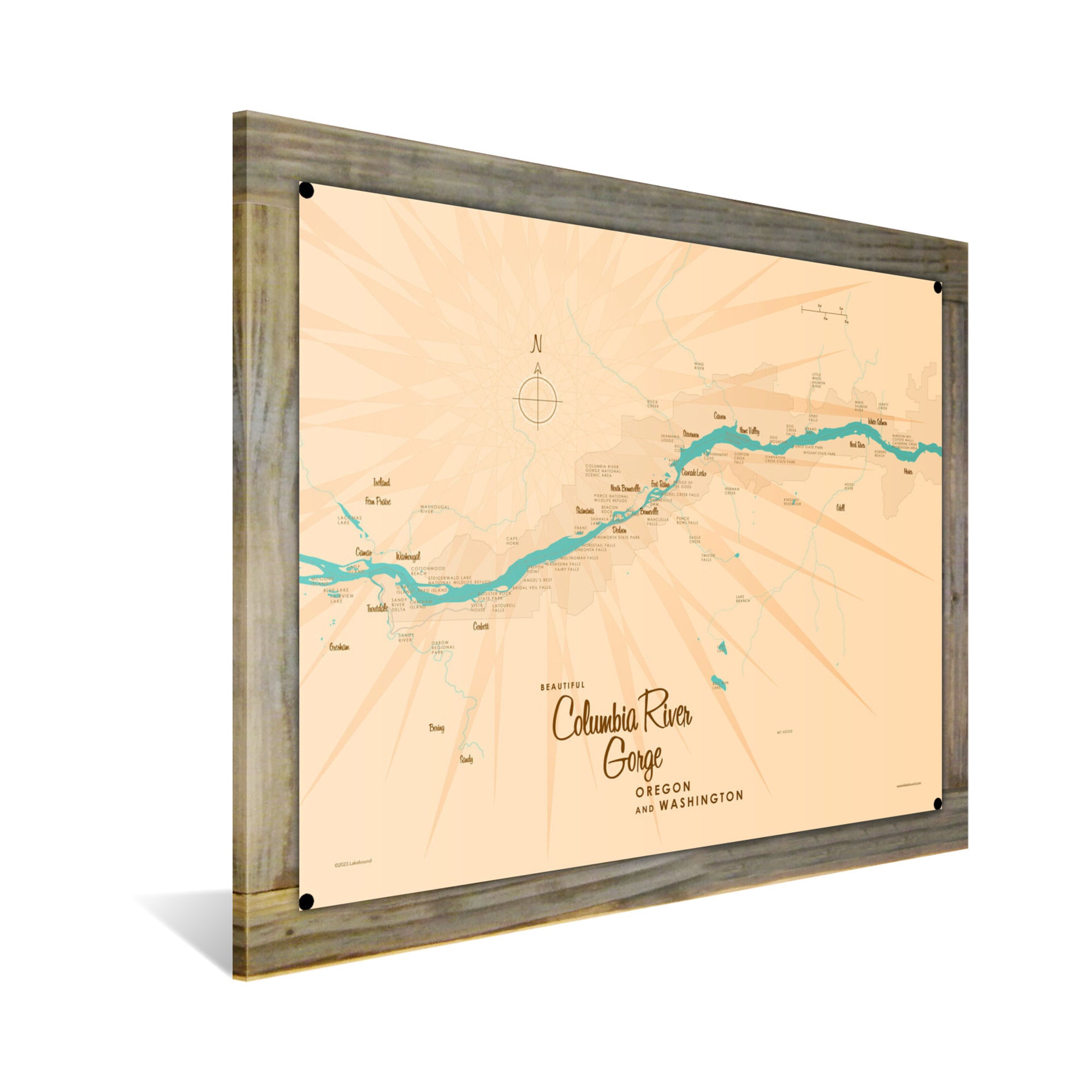 Columbia River Gorge OR Washington, Wood-Mounted Metal Sign Map Art