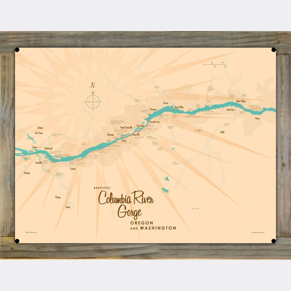 Columbia River Gorge OR Washington, Wood-Mounted Metal Sign Map Art
