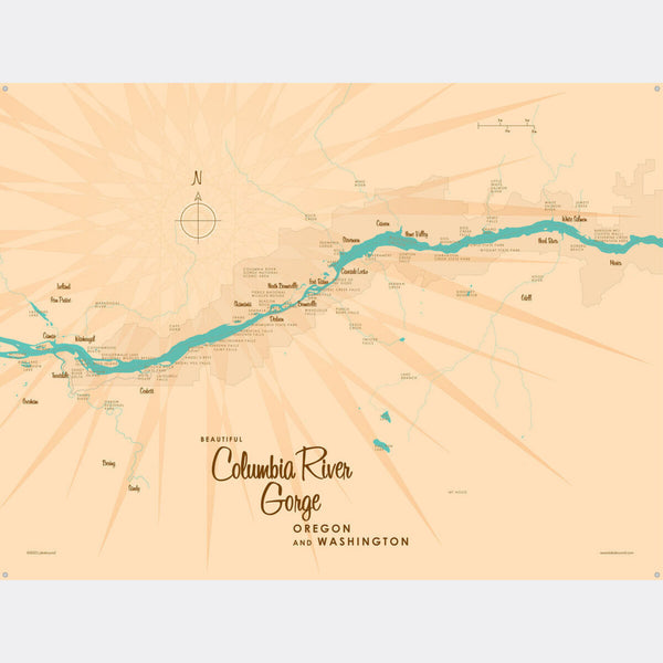 Columbia River Gorge OR Washington, Metal Sign Map Art