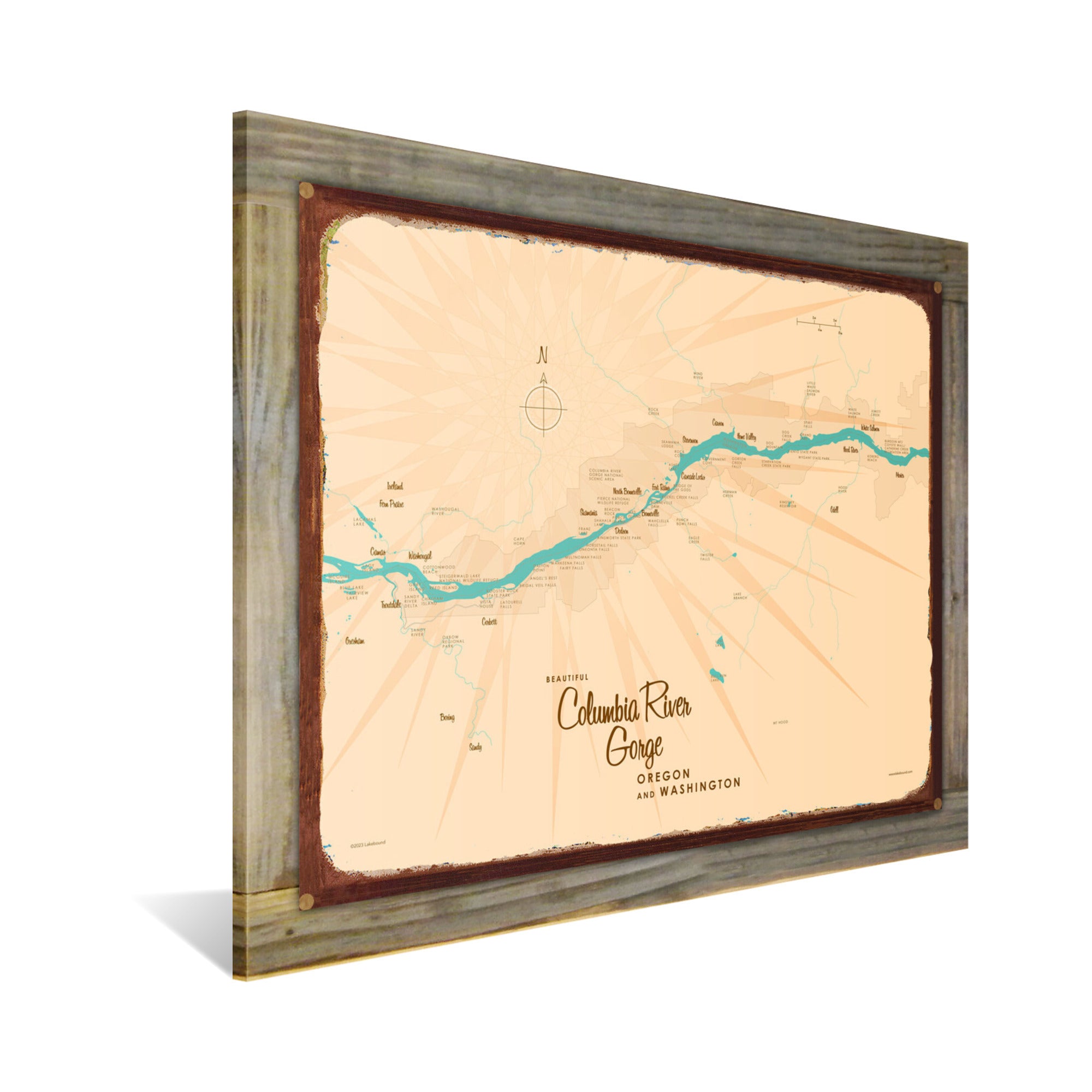 Columbia River Gorge OR Washington, Wood-Mounted Rustic Metal Sign Map Art