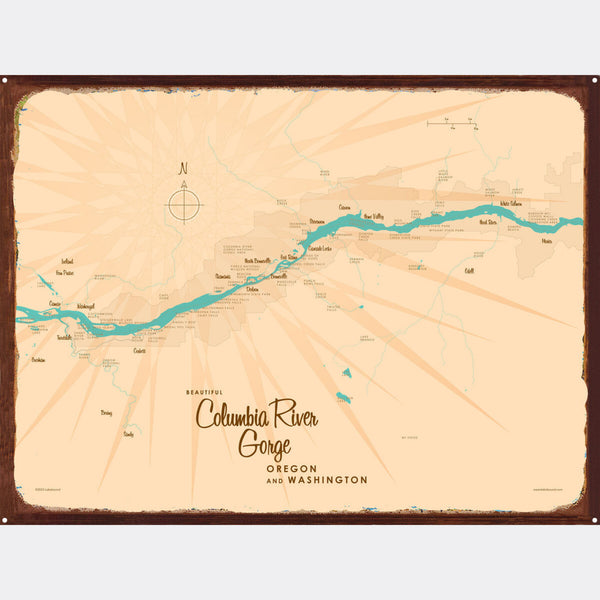 Columbia River Gorge OR Washington, Rustic Metal Sign Map Art