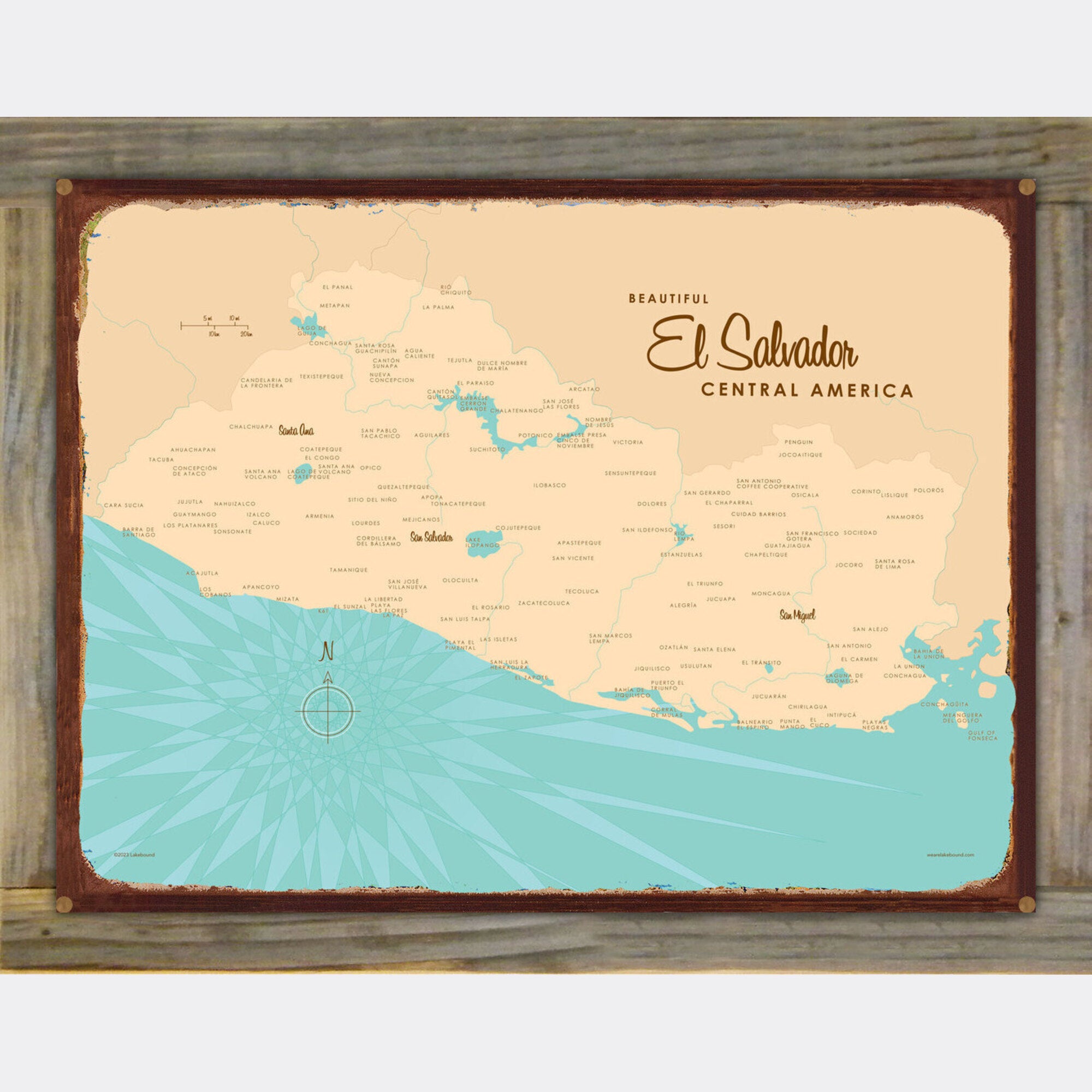 El Salvador, Wood-Mounted Rustic Metal Sign Map Art