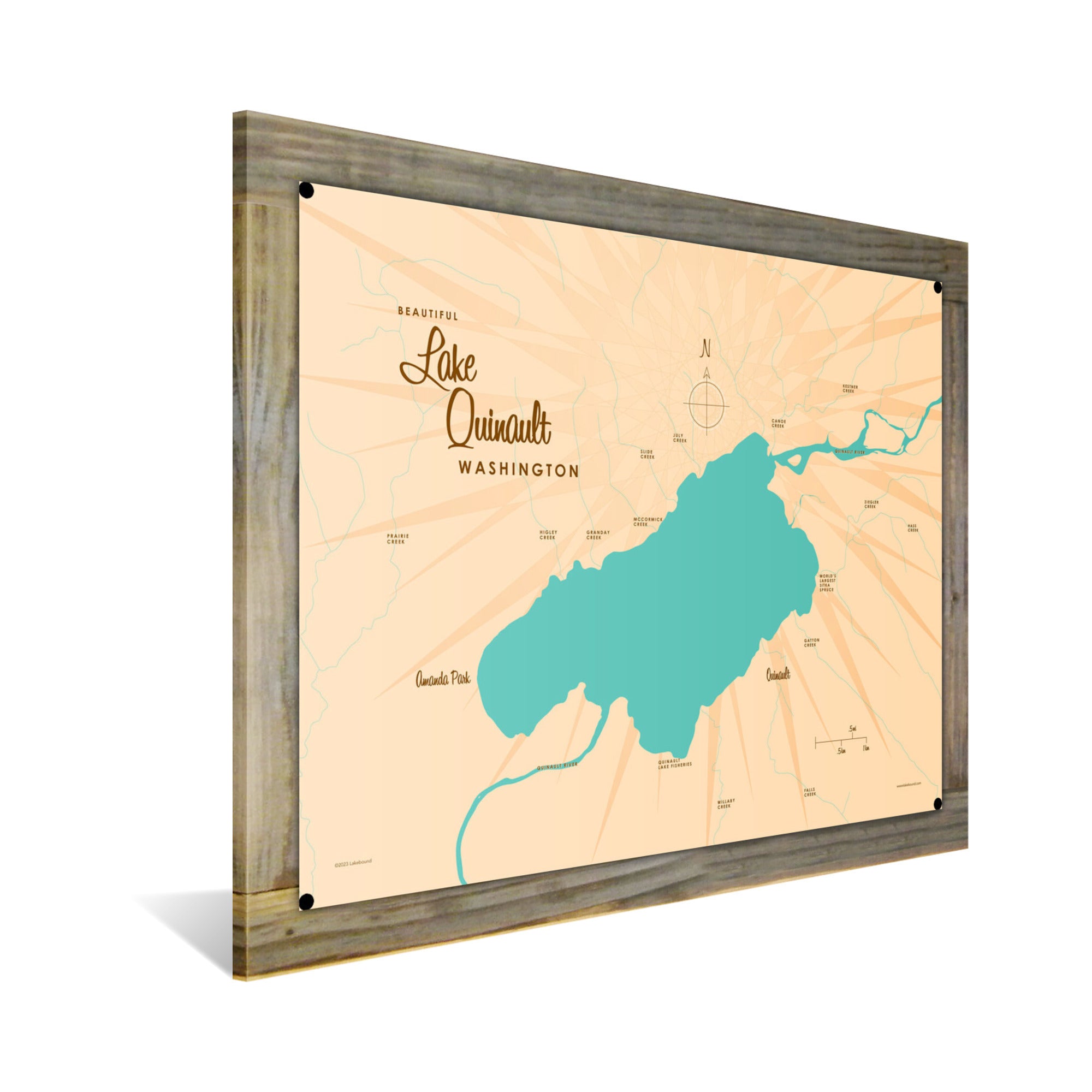 Lake Quinault Washington, Wood-Mounted Metal Sign Map Art