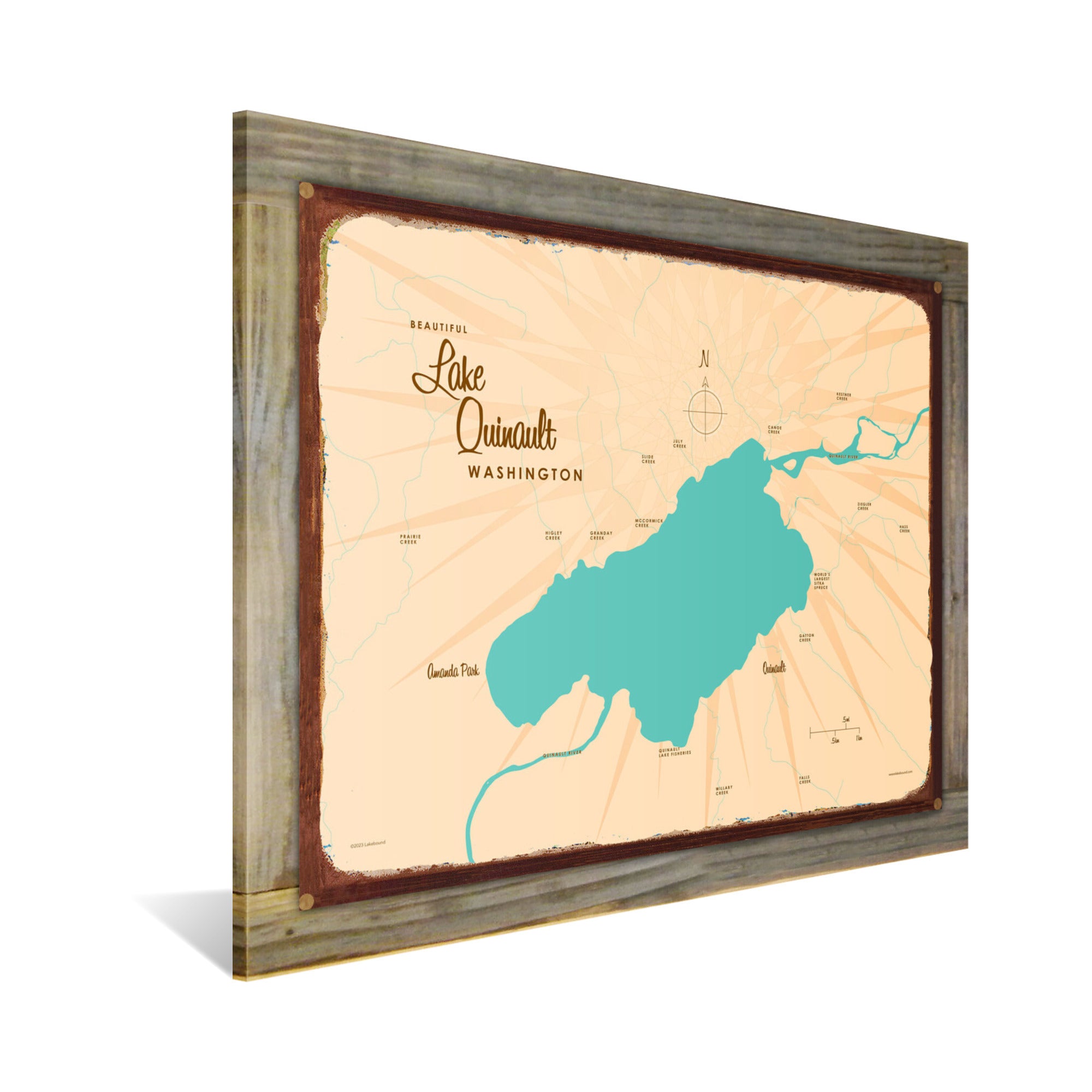 Lake Quinault Washington, Wood-Mounted Rustic Metal Sign Map Art