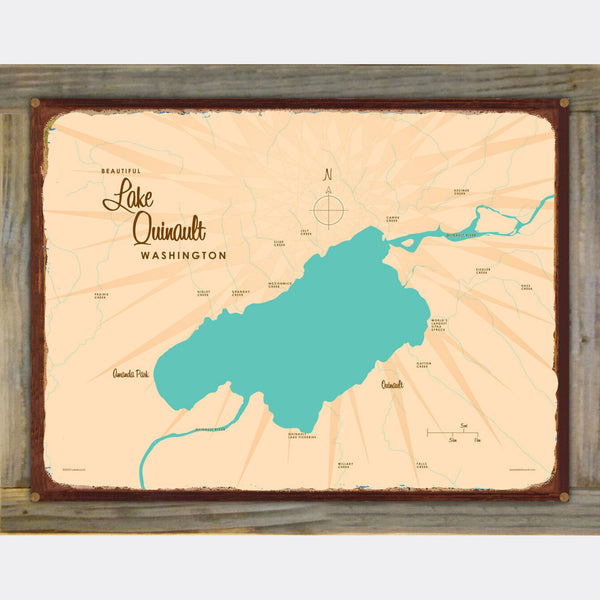 Lake Quinault Washington, Wood-Mounted Rustic Metal Sign Map Art