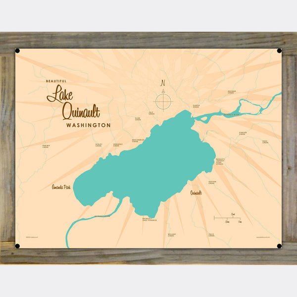 Lake Quinault Washington, Wood-Mounted Metal Sign Map Art