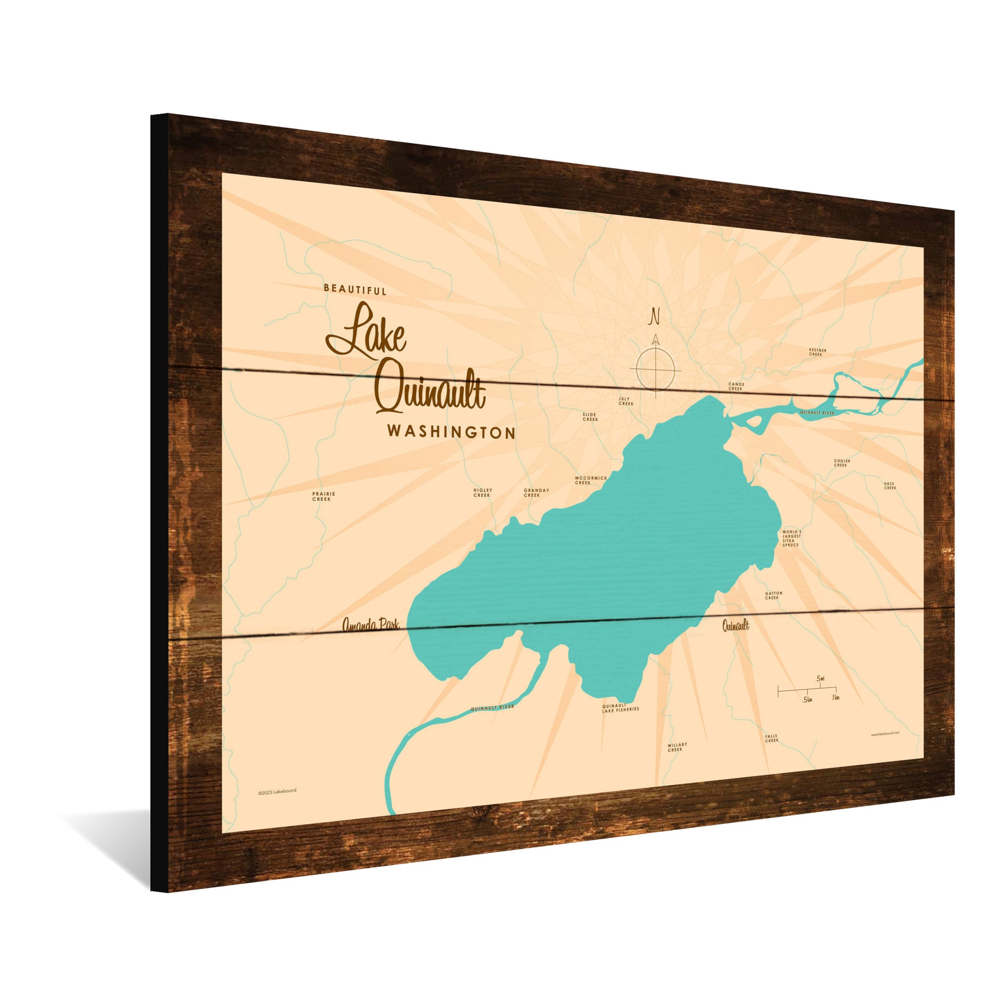 Lake Quinault Washington, Rustic Wood Sign Map Art