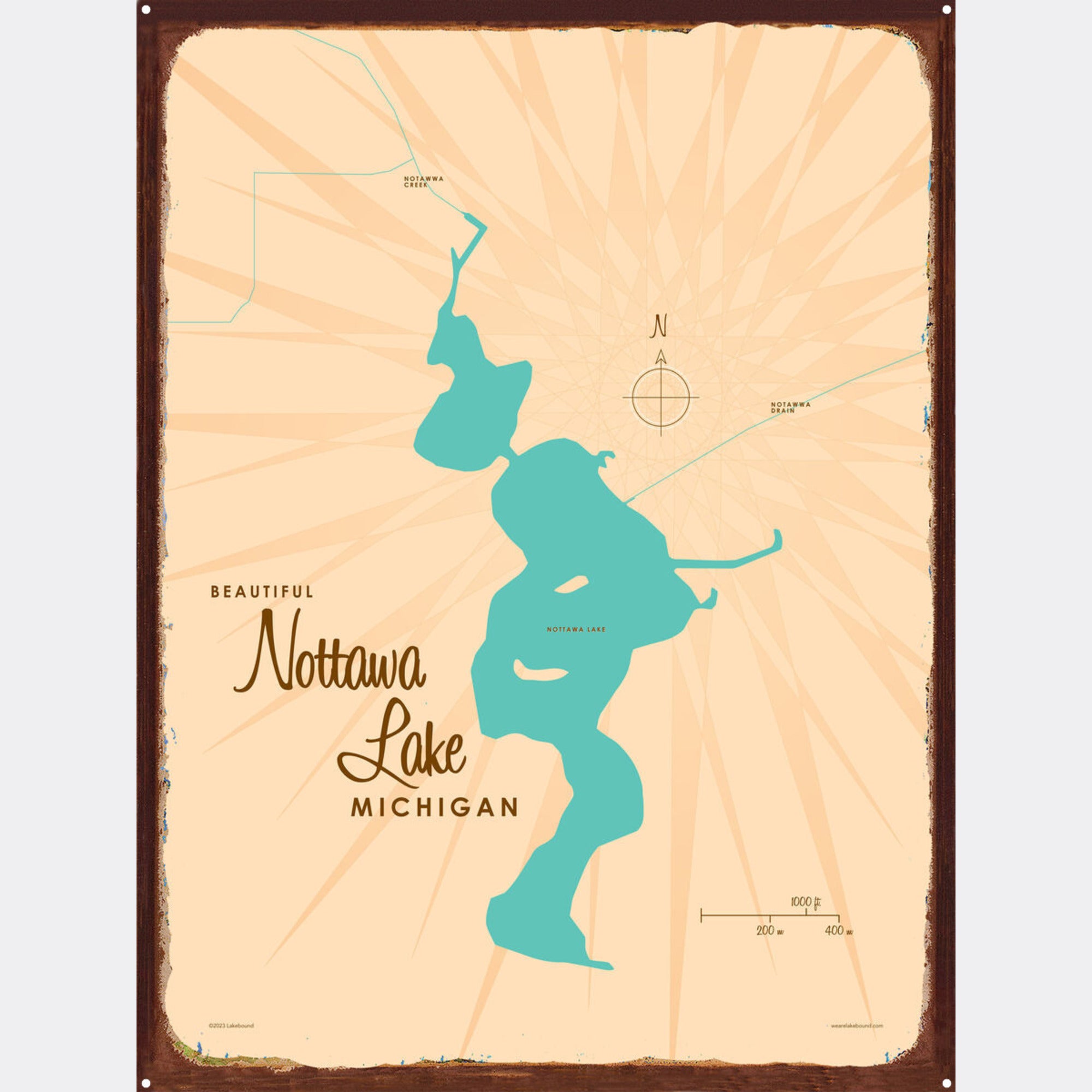 Nottawa Lake Michigan, Rustic Metal Sign Map Art