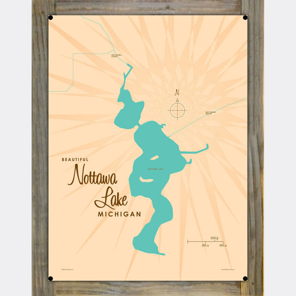 Nottawa Lake Michigan, Wood-Mounted Metal Sign Map Art