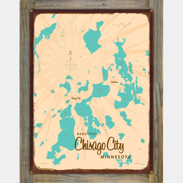 Chisago Lake Minnesota, Wood-Mounted Rustic Metal Sign Map Art