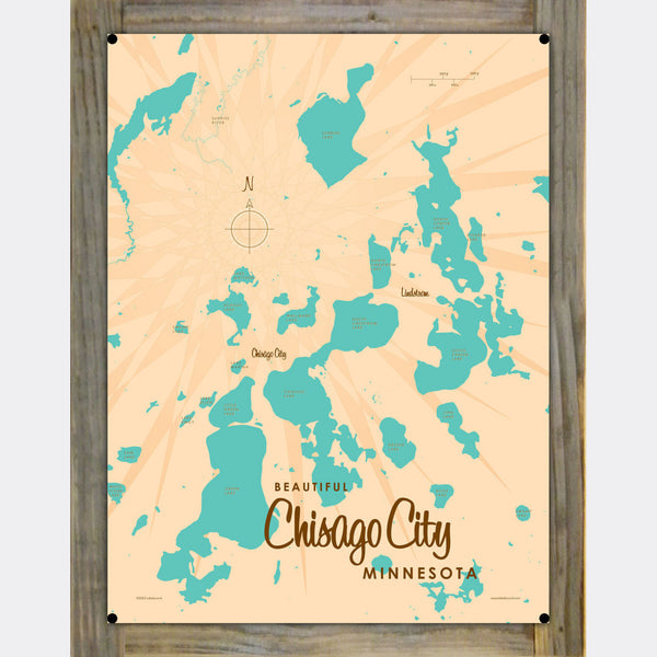 Chisago Lake Minnesota, Wood-Mounted Metal Sign Map Art