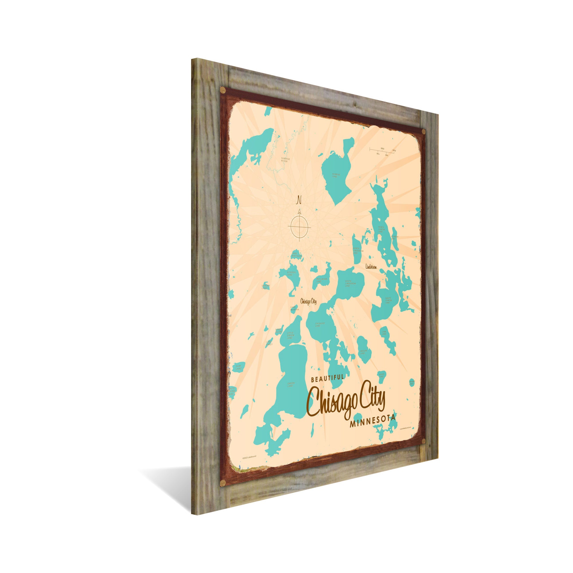Chisago Lake Minnesota, Wood-Mounted Rustic Metal Sign Map Art