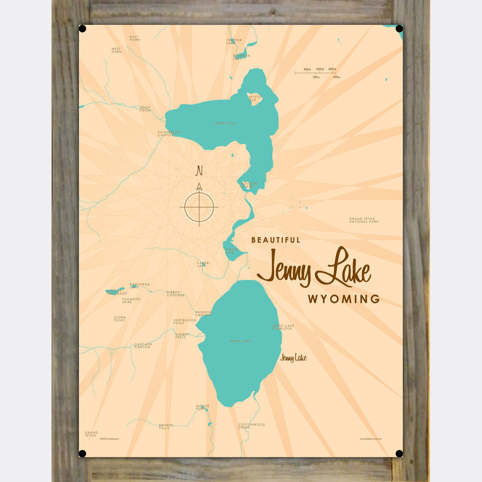 Jenny Lake Wyoming, Wood-Mounted Metal Sign Map Art