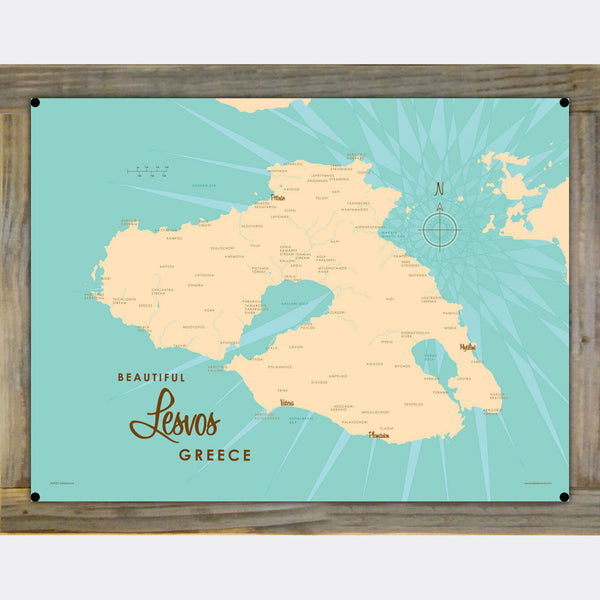 Lesvos Greece, Wood-Mounted Metal Sign Map Art