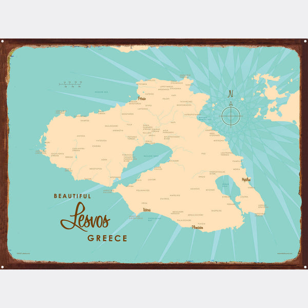 Lesvos Greece, Rustic Metal Sign Map Art