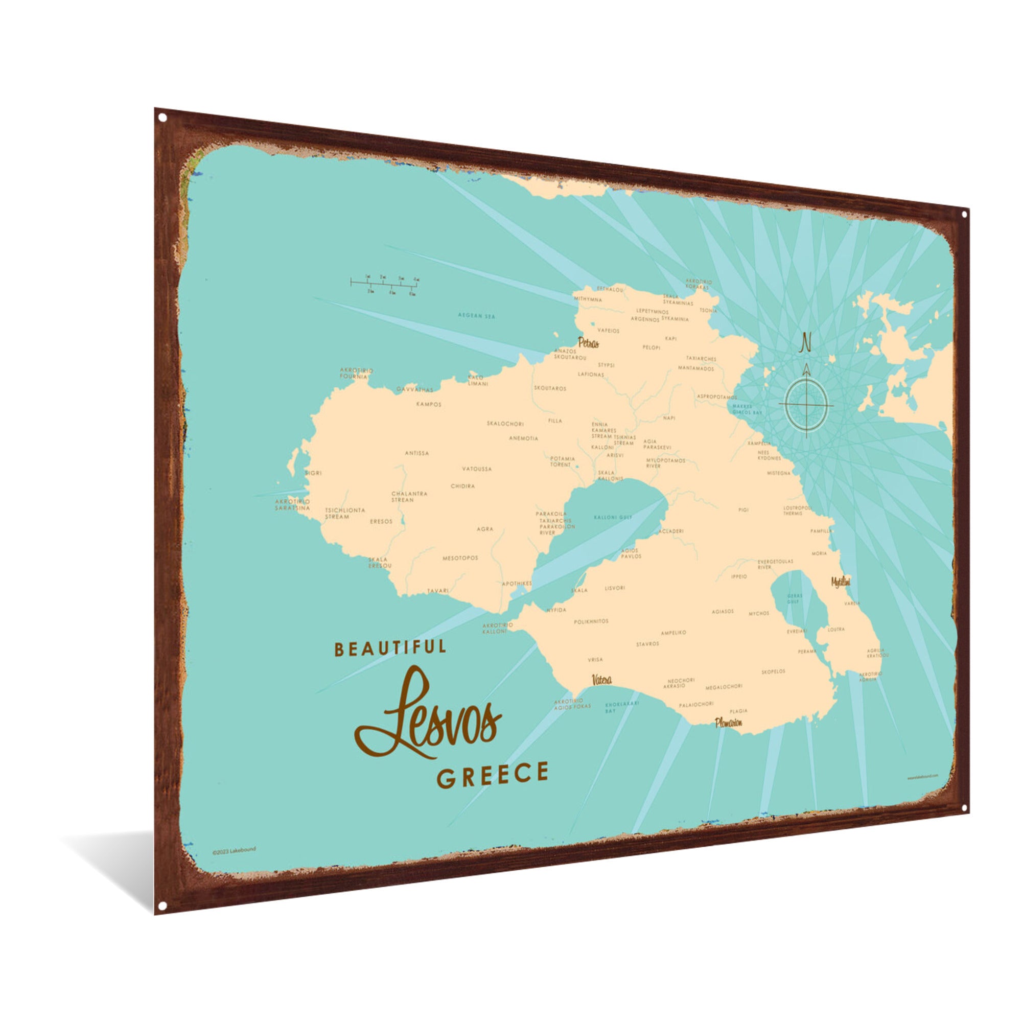 Lesvos Greece, Rustic Metal Sign Map Art