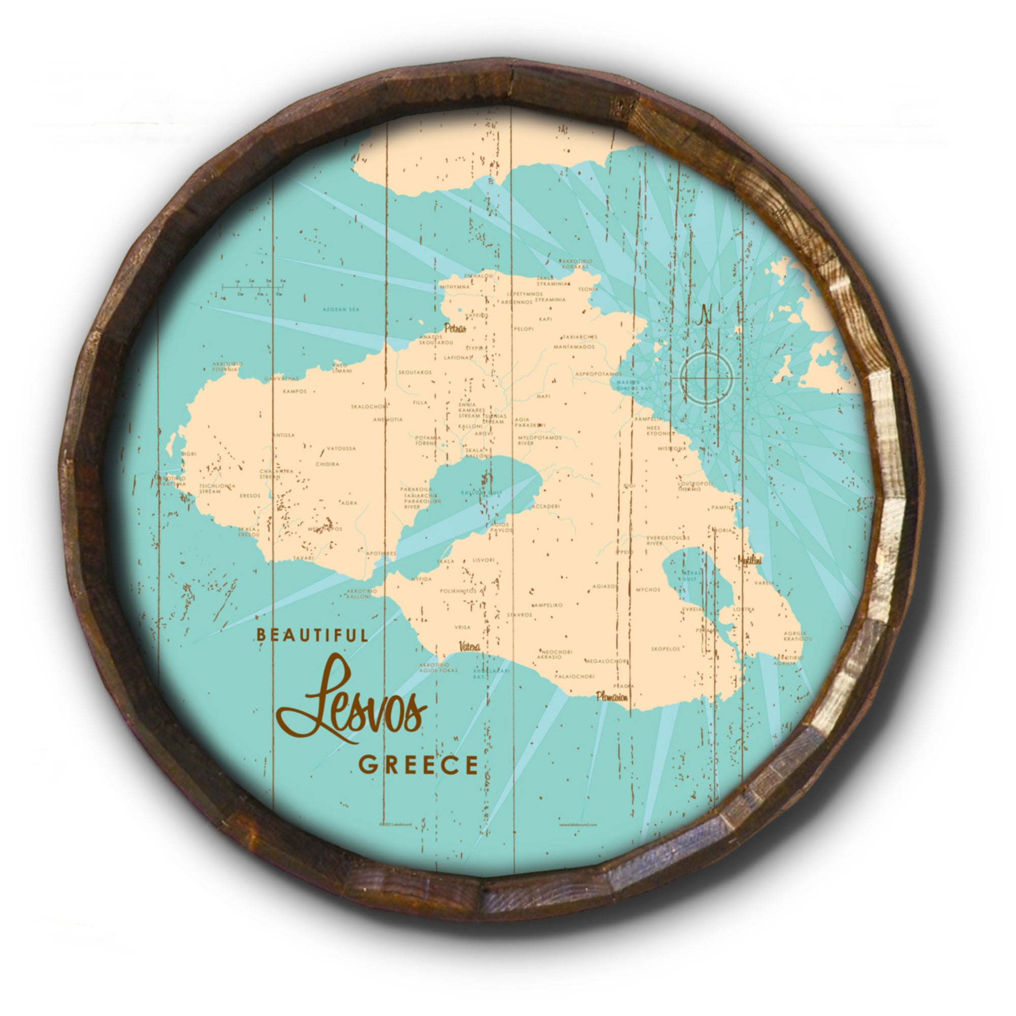 Lesvos Greece, Rustic Barrel End Map Art