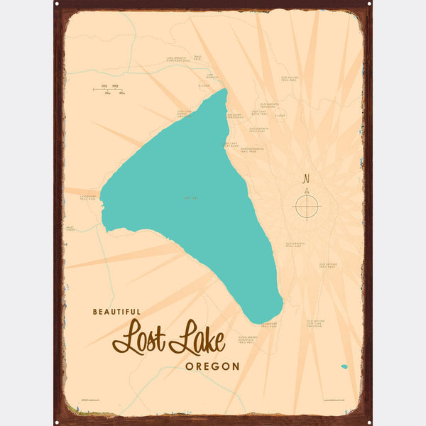 Lost Lake Oregon, Rustic Metal Sign Map Art