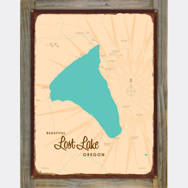 Lost Lake Oregon, Wood-Mounted Rustic Metal Sign Map Art