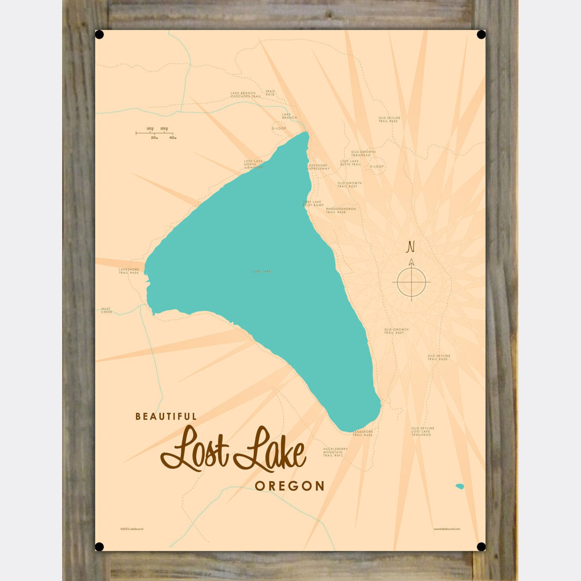 Lost Lake Oregon, Wood-Mounted Metal Sign Map Art